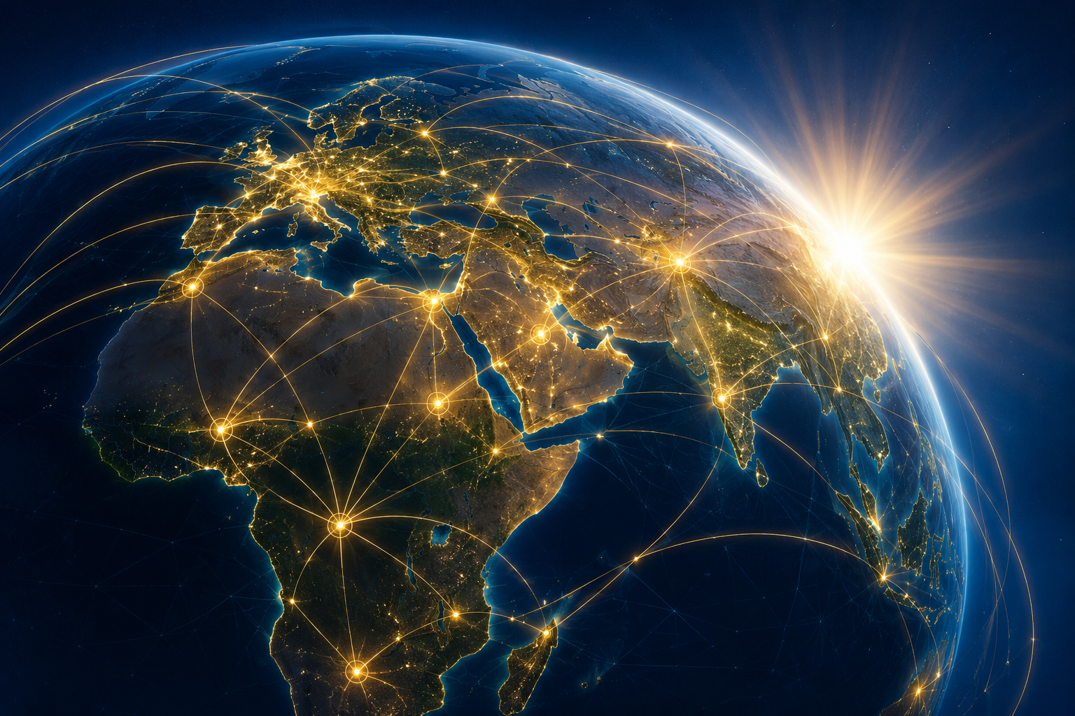 Global trade network connecting Europe, Africa, the Middle East and Asia